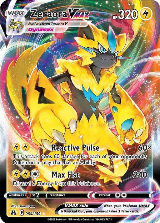 A trading card featuring the Ultra Rare Pokémon Zeraora VMAX (054/159) [Sword & Shield: Crown Zenith]. Zeraora, an anthropomorphic electric feline, stands powered up with claws extended amid a colorful, dynamic background. The card from Pokémon details its HP of 320, moves Reactive Pulse and Max Fist, and various stats, including weaknesses and retreat cost.