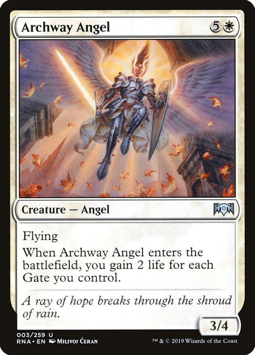A Magic: The Gathering card titled "Archway Angel [Ravnica Allegiance]" from Magic: The Gathering. This Creature — Angel descends in a beam of light, brandishing wings, armor, and a sword amidst autumn leaves. Costing 5W to cast, it has 3 power and 4 toughness with flying and a life-gain ability tied to Gates.