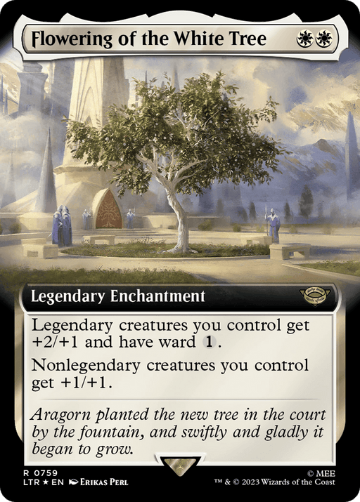 Magic: The Gathering card "Flowering of the White Tree (Extended Art) (Surge Foil) [The Lord of the Rings: Tales of Middle-Earth]." This rare, legendary enchantment depicts a white tree atop a circular stone structure, surrounded by robed figures. The card text increases stats for legendary and nonlegendary creatures. The flavor text quotes "Aragorn planted the new tree...