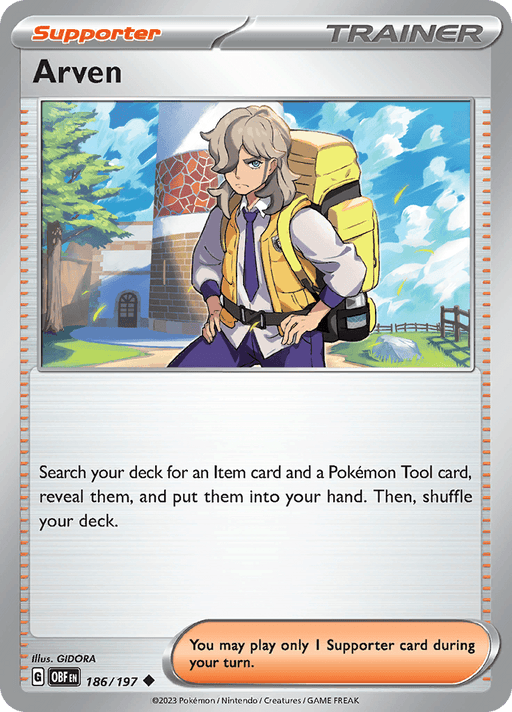 A Pokémon trading card from the Scarlet & Violet: Obsidian Flames series featuring Arven (186/197). Arven has grayish hair, wears a purple shirt, and carries a yellow backpack. Behind him is a grassy area, a red-and-white building, and a blue sky with clouds. The card allows searching your deck for an Item and Pokemon Tool card.