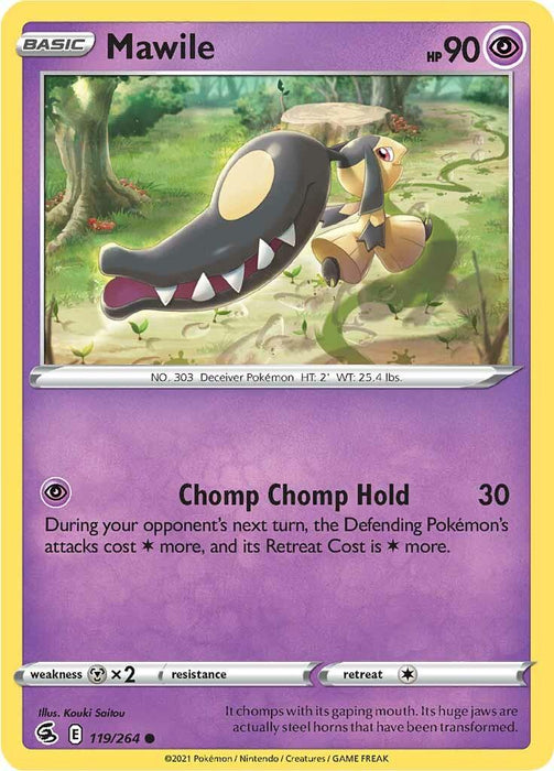 A Pokémon Trading Card featuring Mawile (119/264) [Sword & Shield: Fusion Strike], a Psychic Type of common rarity from the Fusion Strike set by Pokémon. The card has a yellow border with a purple central section. Mawile, depicted with a large gaping maw on its head, has 90 HP. Its "Chomp Chomp Hold" move costs 1 Psychic energy and deals 30 damage. Illustrated by Kouki Saitou and numbered.