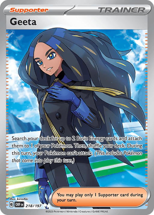 A Pokémon TCG card featuring "Geeta" (218/197) [Scarlet & Violet: Obsidian Flames] as a Supporter Trainer from the Scarlet & Violet series. Geeta, donned in a black coat with gloves and long, flowing purple and blue hair, stands against a cloudy sky. This Ultra Rare card instructs to search for Basic Energy cards, attach them to a Pokémon, and restricts attacks for that turn.