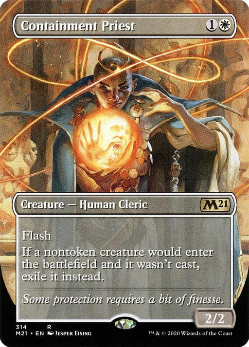 A Magic: The Gathering card named "Containment Priest (Borderless Alternate Art) [Core Set 2021]." It features a blue-robed Human Cleric holding a glowing orb with a face inside. With a mana cost of 1 generic and 1 white, it has 2 power and 2 toughness. The card text describes its Flash ability and exile effect.