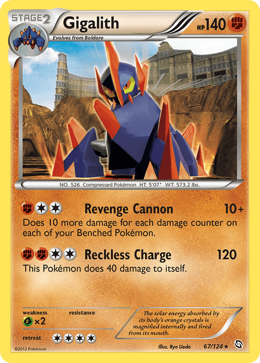 A Pokémon Gigalith (67/124) [Black & White: Dragons Exalted] card features Gigalith, a rock-type Pokémon with orange and blue crystalline formations, from the Dragons Exalted series. The card details include 140 HP and the abilities "Revenge Cannon" and "Reckless Charge." It evolves from Boldore and has a yellow border with a rock terrain background.