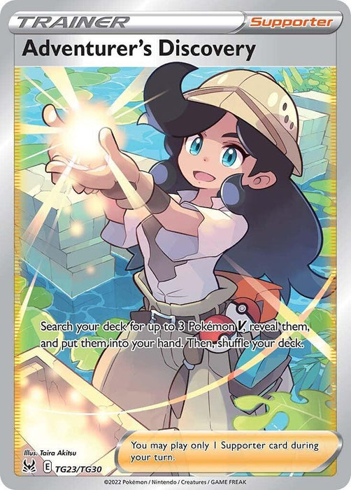 A Pokémon trading card titled "Adventurer's Discovery (TG23/TG30) [Sword & Shield: Lost Origin]" from the Pokémon series. This Secret Rare card features an anime-style character with long black hair and a white and blue outfit, holding up a shining map against a colorful, nature-filled background. Text describes its function and restrictions in the game.