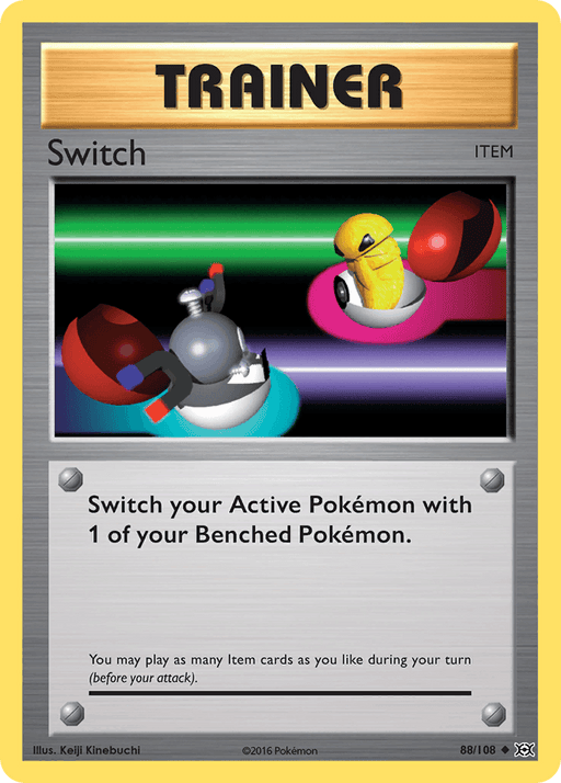 A Pokémon Trading Card Game card from XY: Evolutions. The card is an Uncommon Trainer card titled "Switch (88/108) [XY: Evolutions]" from the Pokémon brand. The illustration depicts two robotic Poké Balls with metallic textures and colorful lights. The text reads: "Switch your Active Pokémon with 1 of your Benched Pokémon." The artist is Keiji Kinebuchi.