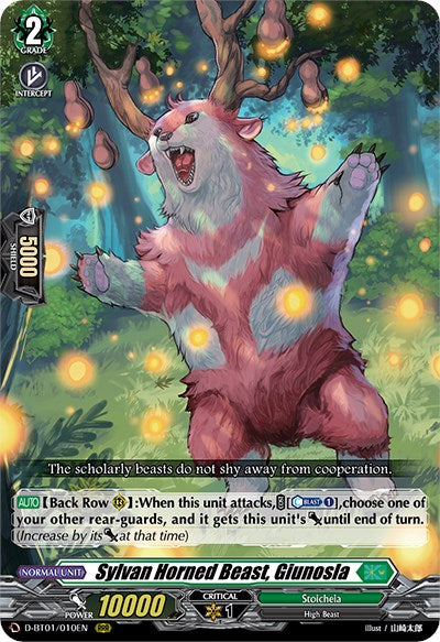 The image displays a "Cardfight!! Vanguard" trading card from the "Genesis of the Five Greats" set, featuring a Triple Rare Sylvan Horned Beast named Giunosla. The creature resembles a large, pink, furry bear with antlers, standing on hind legs in a forest, roaring with front paws raised. The card text and stats are visible at the bottom.