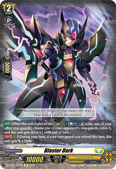 Image of the Blaster Dark (D-BT05/049EN) trading card from Bushiroad's Cardfight!! Vanguard game. The Shadow Paladin warrior is depicted in a dynamic pose, wielding a glowing blue sword. Part of the "Triumphant Return of the Brave Heroes" set, this card details include grade 2, power 10000, and critical 1. The text explains its abilities and effects.