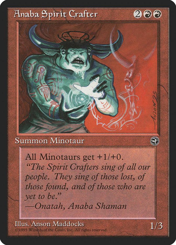 The Magic: The Gathering card "Anaba Spirit Crafter [Homelands]" features an enchanting minotaur shaman with outstretched arms against a fiery red backdrop. The card text states: "All Minotaurs get +1/+0." The flavor text reads: “The Spirit Crafters sing of all our people...”—Onatah, Anaba Shaman, and the artwork is by Anson Maddocks.