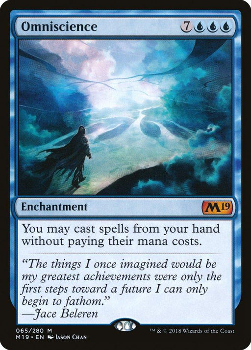 A Magic: The Gathering card titled "Omniscience [Core Set 2019]" from Magic: The Gathering. This mythic enchantment shows a mystical landscape with a figure gazing at a glowing, ethereal realm. It has a blue border, mana cost of 7 and three blue, and an effect allowing spells to be cast without mana. Text reads: "The things I once imagined would be my