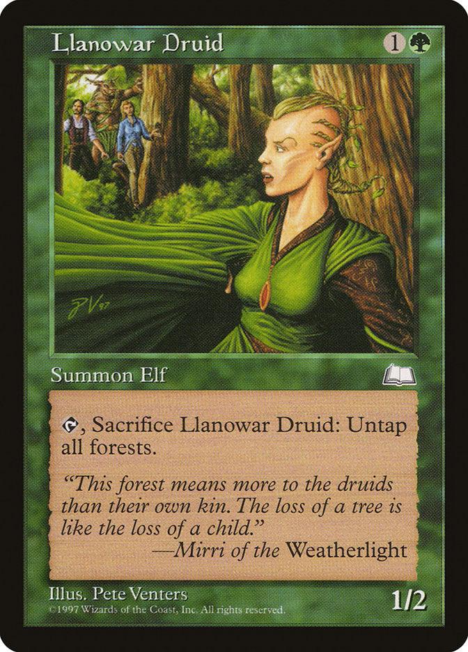 A Magic: The Gathering product titled "Llanowar Druid [Weatherlight]" features an Elf Druid with cropped blonde hair and a green robe, standing in a forest raising its arms to perform magic. Sacrificing the Druid grants the powerful ability to untap all forests.