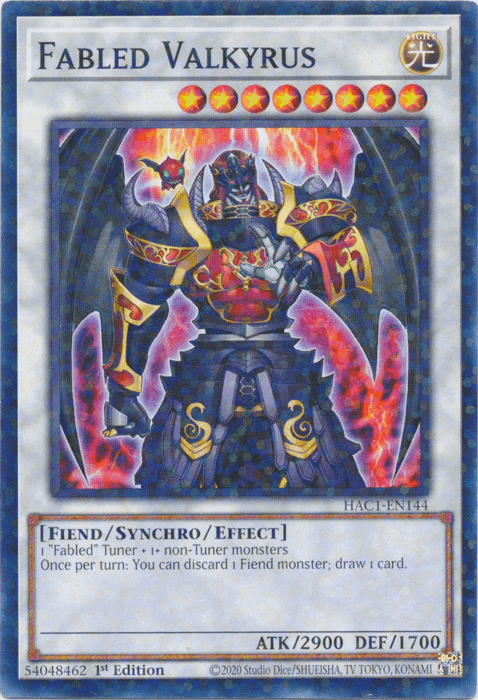 Image of a "Yu-Gi-Oh!" trading card titled "Fabled Valkyrus (Duel Terminal) [HAC1-EN144] Common," featuring a fiendish warrior in dark armor with golden accents and red markings. This Synchro/Effect Monster, part of the Hidden Arsenal series, has an ATK of 2900 and DEF of 1700, requiring one Fabled Tuner and one non-Tuner monster to summon.