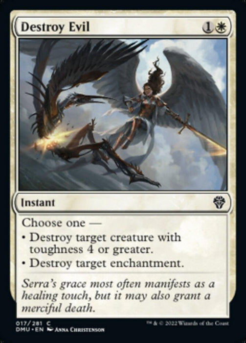 A Magic: The Gathering product titled "Destroy Evil [Dominaria United]" with a casting cost of 1 generic mana and 1 white mana. This instant lets you choose to destroy a creature with toughness 4 or greater or destroy an enchantment. The illustration depicts a winged warrior attacking a dragon.