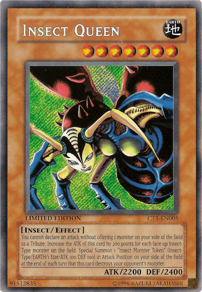 The Yu-Gi-Oh! card "Insect Queen [CT1-EN005] Secret Rare" is an Insect-Type Effect Monster with a humanoid torso, insect wings, and a multicolored body. It has ATK/2200 DEF/2400 against a green-yellow burst of light, with its Secret Rare finish enhancing its powerful effect and attributes.