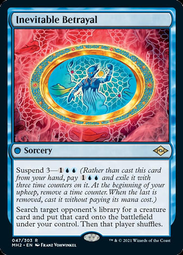 The image features "Inevitable Betrayal" from the Magic: The Gathering set Modern Horizons 2. This card has a blue border and showcases an illustration of a magical, glowing sea creature within an ornate gold-framed oval. The sorcery card possesses the ability "Suspend 3—1 blue-blue" and outlines its gameplay effects accordingly.