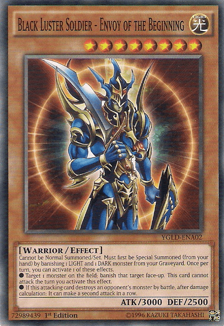 The Yu-Gi-Oh! card "Black Luster Soldier - Envoy of the Beginning" [YGLD-ENA02] is a 1st Edition Common Effect Monster with 3000 attack and 2500 defense, featuring a warrior in ornate blue and gold armor. It includes details on its Special Summon conditions and strong effects.