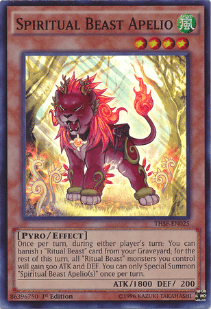 A Yu-Gi-Oh! trading card titled "Spiritual Beast Apelio [THSF-EN025] Super Rare." This Super Rare card depicts a fierce, red lion with green accents, dark mane, and golden jewelry. The lion's open mouth reveals sharp teeth as it stands in a mystical, forested background. The Effect Monster's attributes and effects are detailed below the image.