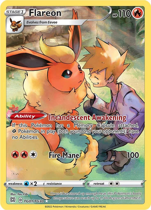 A Pokémon trading card featuring Flareon, a fox-like creature with fiery fur and a fluffy tail. An anime-style character lovingly touches Flareon's face. The card, part of the Sword & Shield: Brilliant Stars series has stats including 110 HP and abilities like "Incandescent Awakening" and "Fire Mane." The background shows a warm, autumn-like setting. The product name is Flareon (TG01/TG30) [Sword & Shield: Brilliant Stars] by Pokémon.