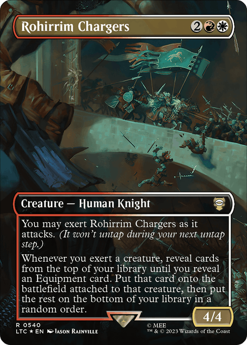 A Magic: The Gathering card named "Rohirrim Chargers (Borderless) (Surge Foil) [The Lord of the Rings: Tales of Middle-Earth Commander]". It costs 2 generic mana, 1 red mana, and 1 white mana. This Creature - Human Knight boasts a 4/4 power and toughness, depicted in an illustrated scene of knights charging into battle with spears on horseback. Its card text elaborates on its abilities.