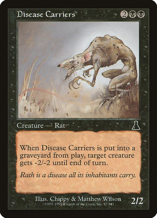 A Magic: The Gathering card from Urza's Destiny titled Disease Carriers [Urza's Destiny] showcases a 2/2 Rat creature. The art depicts a grotesque rat in a desolate landscape. Costing 2 black and 2 generic mana, it gives target creature -2/-2 upon death. Flavor text reads, "Rath is a disease all its inhabitants carry.