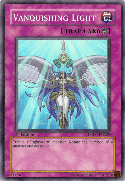 The Yu-Gi-Oh! "Vanquishing Light [LODT-EN089]" Super Rare Trap Card features an angelic figure with large wings holding a staff topped by a glowing gem. It has a magenta frame and contains the instruction: "Tribute 1 'Lightsworn' monster. Negate the Summon of a monster and destroy it.