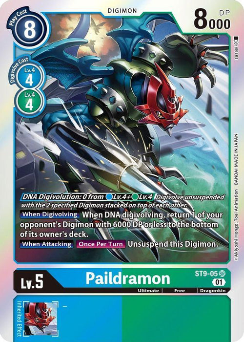 This is an image of a Digimon card for Paildramon [ST9-05] [Starter Deck: Ultimate Ancient Dragon]. The card features a blue and red armored dragon-like creature with wings and sharp claws. It details DNA Digivolution abilities, unsuspend effects, and main attack capabilities. With stats like play cost 8, DP 8000, and level 5, it's marked as ST9-05.