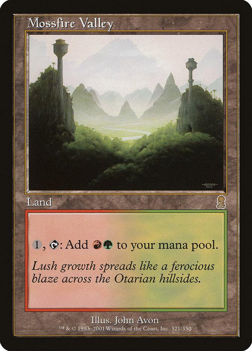 Magic: The Gathering card titled "Mossfire Valley [Odyssey]." This rare Land card, from the Odyssey set, has an ability that adds one red and one green mana to the player's mana pool. The serene artwork showcases a lush valley with towering structures, green hills, and mist in the background.