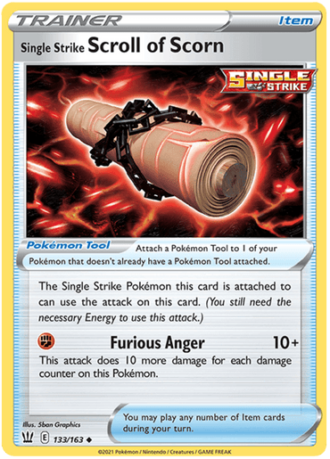 The image depicts a Pokémon trading card named "Single Strike Scroll of Scorn (133/163) [Sword & Shield: Battle Styles]." It is an Item card from the Sword & Shield Battle Styles set, featuring the Single Strike emblem. The card showcases a coiled scroll with a red and gold design. The attack "Furious Anger" does 10+ damage, with an additional 10 damage per counter on the Pokémon.