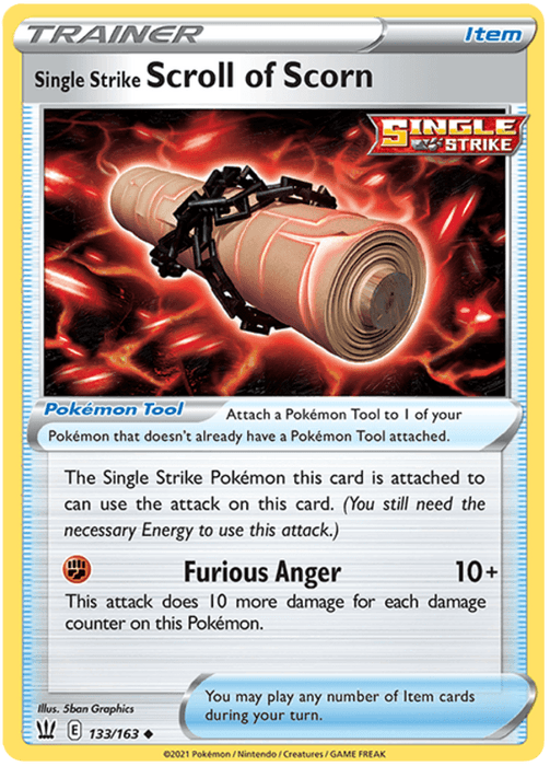 The image depicts a Pokémon trading card named "Single Strike Scroll of Scorn (133/163) [Sword & Shield: Battle Styles]." It is an Item card from the Sword & Shield Battle Styles set, featuring the Single Strike emblem. The card showcases a coiled scroll with a red and gold design. The attack "Furious Anger" does 10+ damage, with an additional 10 damage per counter on the Pokémon.