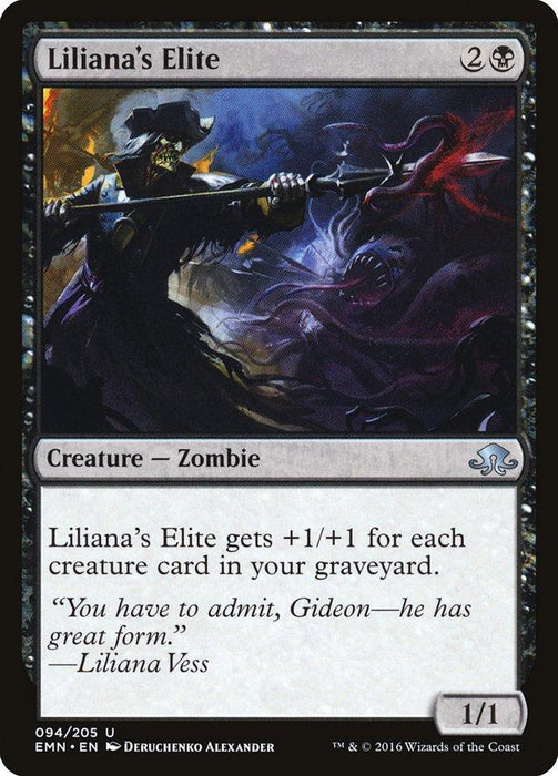 A Magic: The Gathering card titled "Liliana's Elite [Eldritch Moon]" from Magic: The Gathering. The artwork depicts a zombie warrior, clad in dark armor and wielding a sword, surrounded by eerie purple and blue spectral forms. The card text reads, "Liliana's Elite gets +1/+1 for each creature card in your graveyard." It's numbered 094/205 and illustrated by Deruchen