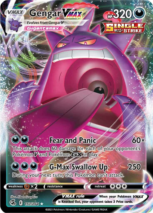 A Pokémon trading card featuring Gengar VMAX (157/264) [Sword & Shield: Fusion Strike]. Gengar, a large, intimidating purple creature with red eyes and a wide mouth, has HP 320 and moves "Fear and Panic" and "G-Max Swallow Up." This Ultra Rare card is tagged with "Single Strike" and marked as 157/264.
