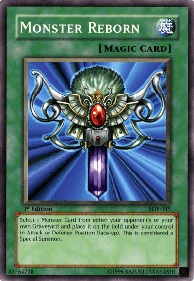 A Yu-Gi-Oh! trading card titled "Monster Reborn [SDP-035] Common," part of the Starter Deck: Pegasus, that depicts an intricate ankh with green wings and a red gem at the center. The top is labeled "[MAGIC CARD]," and its number is SDP-035. Illustrated by Kazuki Takahashi, it includes text detailing its Special Summon ability.