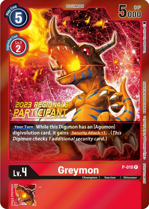 A Digimon card featuring Greymon, a Champion-level Dinosaur Digimon with a ferocious appearance and a fiery background. The card details include a play cost of 5, digivolve cost of 2, DP of 5000, and the Security Attack +1 ability to check additional security cards. "Greymon [P-010] (2023 Regionals Participant) [Promotional Cards]" is noted.

