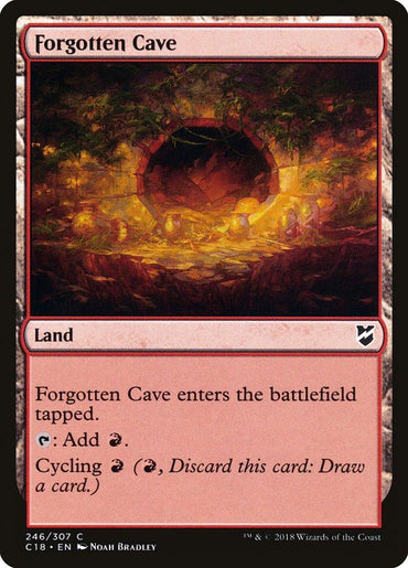 The image displays a Magic: The Gathering card named "Forgotten Cave [Commander 2018]." This land card features artwork of a cavern entrance bathed in warm, golden light. According to the card text, "Forgotten Cave enters the battlefield tapped. {T}: Add {R}. Cycling {R} ({R}, Discard this card: Draw a card.).