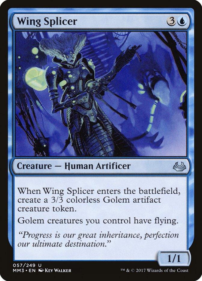 The Magic: The Gathering card, Wing Splicer [Modern Masters 2017], showcases a blue background with an intricately armored, robotic-looking figure. The card text details its abilities, noting that it creates a 3/3 colorless Phyrexian Golem creature token with flying. Its power/toughness is 1/1.