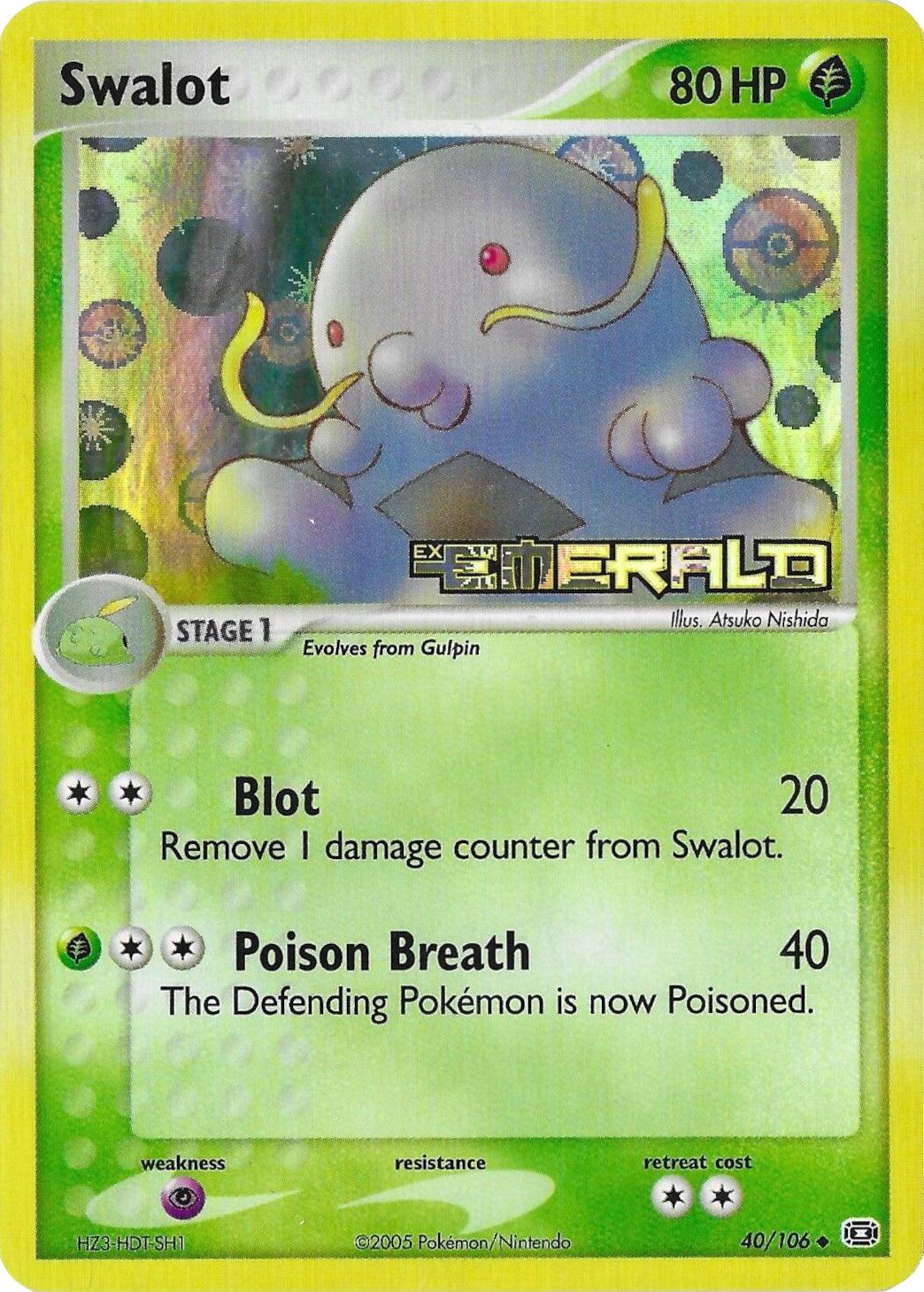 This unique Pokémon trading card highlights Swalot with 80 HP. Evolving from Gulpin as a Stage 1 Grass type, it depicts a purple, slug-like creature adorned with yellow whiskers. Featuring the moves 