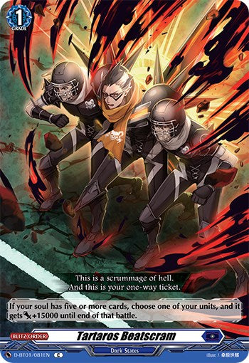 An illustration of three armored football players in a dynamic, aggressive pose, bursting through flames. At the bottom of the card, there is text: "If your soul has five or more cards, choose one of your units, and it gets +15000 until end of that battle." The card name reads "Tartaros Beatscram (D-BT01/081EN)" from Bushiroad's Genesis of the Five Greats series.