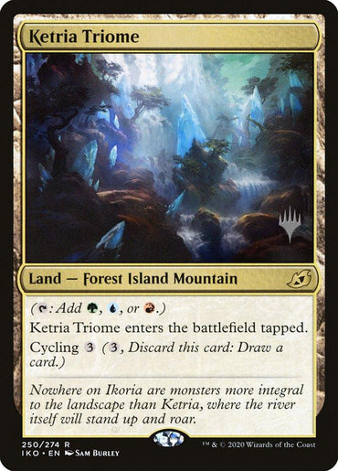 Ketria Triome (Promo Pack) from Magic: The Gathering's Ikoria: Lair of Behemoths Promos is a stunning land card classified as Forest Island Mountain. It showcases a vibrant, mystical forest with towering rock formations and glowing flora. This card allows you to tap for green, blue, or red mana and boasts a cycling ability for 3 mana.