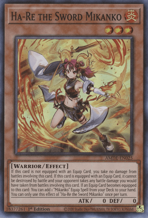 A Yu-Gi-Oh! trading card featuring "Ha-Re the Sword Mikanko [AMDE-EN025] Super Rare" by Yu-Gi-Oh!. The card depicts a red-haired warrior in dynamic armor with a sword, surrounded by a swirling gold aura. It has 0 ATK and 0 DEF stats with Warrior/Effect type. A detailed description of the card's effects is included below the image.