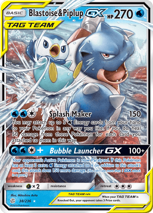 A Pokémon trading card featuring Blastoise & Piplup GX (38/236) [Sun & Moon: Cosmic Eclipse]. Blastoise, a large blue tortoise Pokémon, and Piplup, a small blue penguin-like Pokémon, are in a playful water scene. This Ultra Rare Sun & Moon: Cosmic Eclipse card is bordered in yellow with the TAG TEAM label, has 270 HP, and describes moves "Splash Maker" and "Bubble.