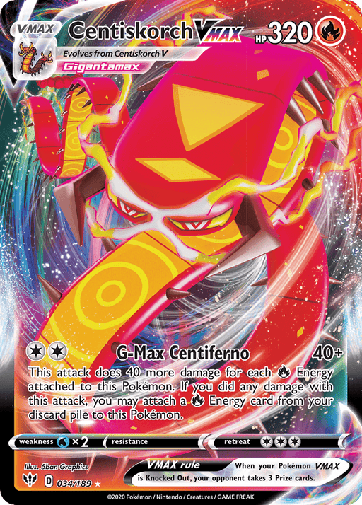 This Centiskorch VMAX (034/189) [Sword & Shield: Darkness Ablaze] Pokémon card from Pokémon showcases Centiskorch in its Gigantamax form. Boasting 320 HP and a Fire-type symbol, it features the G-Max Centiferno attack that scales with attached Fire Energy. Card number 034/189, illustrated by 5ban Graphics.