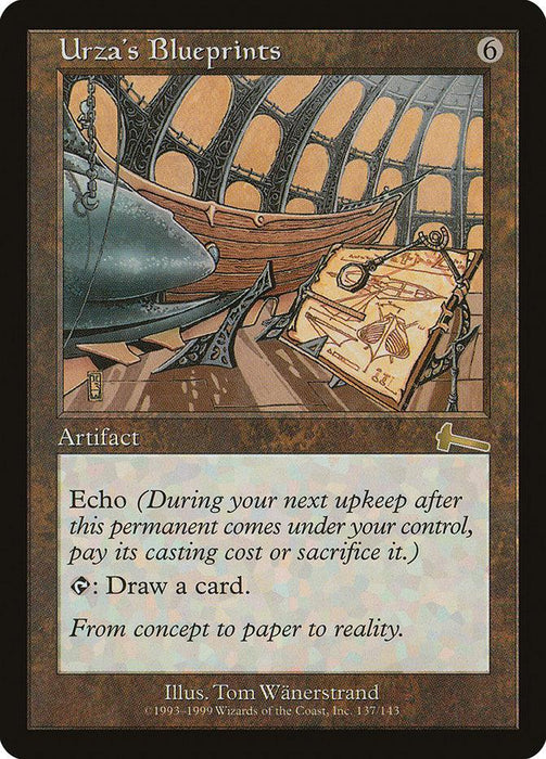 The image shows a Magic: The Gathering product named "Urza's Blueprints [Urza's Legacy]." This rare artifact card features a detailed illustration of a ship’s interior with blueprints on a drafting table. With an Echo cost, it allows the player to draw a card. The artist is Tom Wänerstrand.
