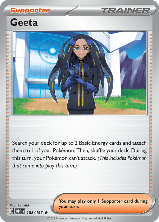 A rare Pokémon card featuring the Trainer Geeta from Scarlet & Violet. Geeta has long black hair with blue highlights and wears a black uniform with blue and yellow accents. The background shows a building with a large Poké Ball symbol. The card text describes her ability to search the deck for Basic Energy cards. The product name is Geeta (188/197) [Scarlet & Violet: Obsidian Flames] and it is part of the Pokémon brand.