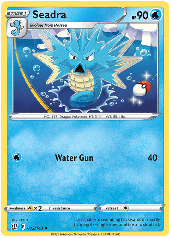 A Pokémon Seadra (032/163) [Sword & Shield: Battle Styles] from the Pokémon brand featuring Seadra, a blue, aquatic dragon Pokémon. Seadra has a spiky, seahorse-like appearance with fin-like ears and a pointed snout. The card displays its HP as 90 and includes 