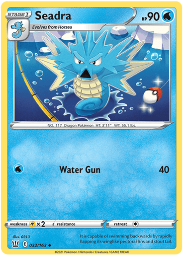 A Pokémon Seadra (032/163) [Sword & Shield: Battle Styles] from the Pokémon brand featuring Seadra, a blue, aquatic dragon Pokémon. Seadra has a spiky, seahorse-like appearance with fin-like ears and a pointed snout. The card displays its HP as 90 and includes "Water Gun" that deals 40 damage. It's numbered 032/163.