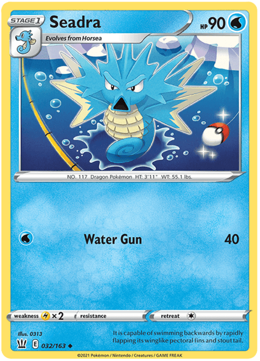 A Pokémon Seadra (032/163) [Sword & Shield: Battle Styles] from the Pokémon brand featuring Seadra, a blue, aquatic dragon Pokémon. Seadra has a spiky, seahorse-like appearance with fin-like ears and a pointed snout. The card displays its HP as 90 and includes "Water Gun" that deals 40 damage. It's numbered 032/163.