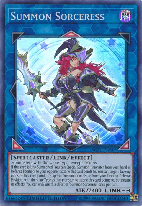 A Yu-Gi-Oh! trading card featuring "Summon Sorceress [SOFU-ENSE2] Super Rare," a Link Summoned female spellcaster with red hair holding a staff with a blue crystal. She's wearing futuristic armor, and the background is dark blue. The card displays various statistics: ATK/2400, LINK-3, and text detailing her summoning effects.