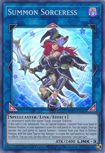 A Yu-Gi-Oh! trading card featuring "Summon Sorceress [SOFU-ENSE2] Super Rare," a Link Summoned female spellcaster with red hair holding a staff with a blue crystal. She's wearing futuristic armor, and the background is dark blue. The card displays various statistics: ATK/2400, LINK-3, and text detailing her summoning effects.