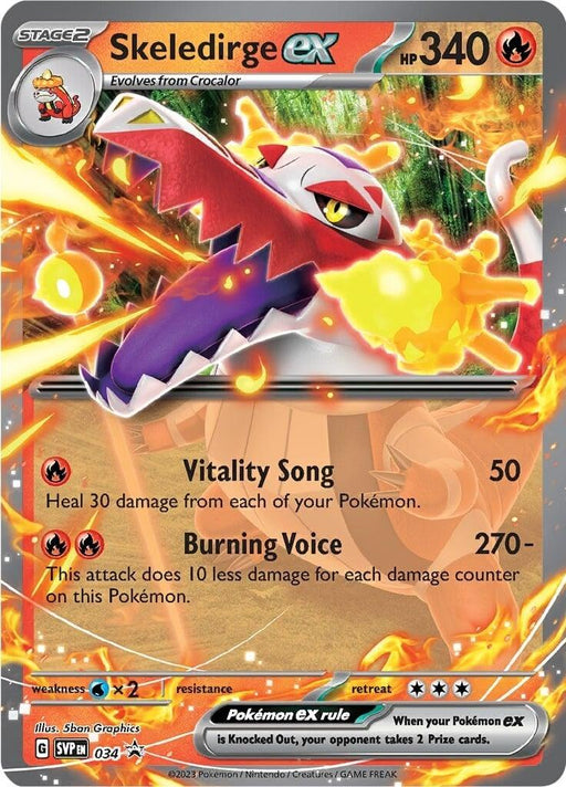 A Pokémon trading card featuring Skeledirge ex (034) [Scarlet & Violet: Black Star Promos], from the Pokémon series. The card shows a fierce, fire-breathing creature with a bony, dragon-like appearance. It has 340 HP and two attacks: Vitality Song and Burning Voice. Set against a fiery background, it includes details of its stages and abilities from Scarlet & Violet.