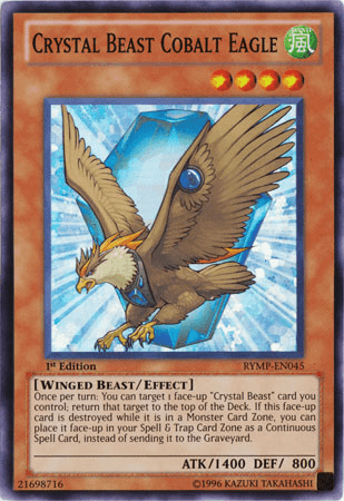 An image of a Yu-Gi-Oh! trading card titled "Crystal Beast Cobalt Eagle [RYMP-EN045] Super Rare." This Super Rare card depicts a blue and gold eagle with a large crystal on its back, soaring against a glowing blue background. Part of the Ra Yellow Mega Pack, it is an Effect Monster with 1400 ATK and 800 DEF. The card text describes its abilities.